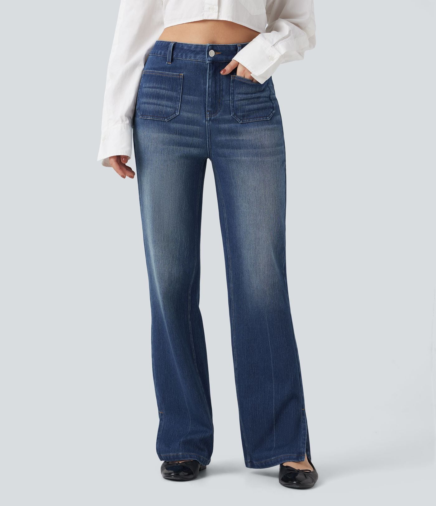 Jean droit délavé Halara Flex™ taille haute avec fente et poches