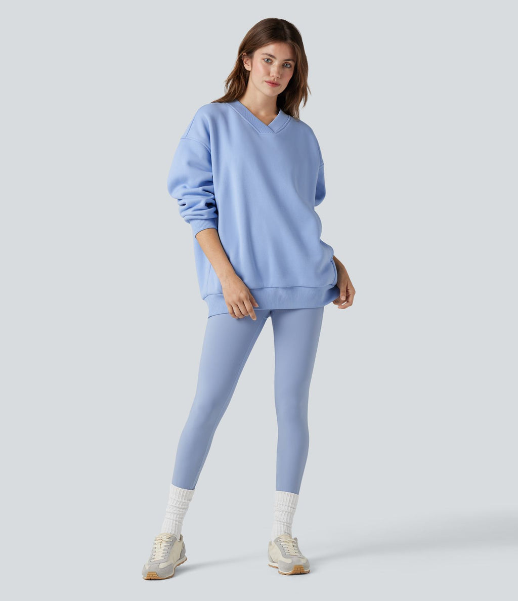 Sweat-shirt coton polaire col V manches longues avec poches