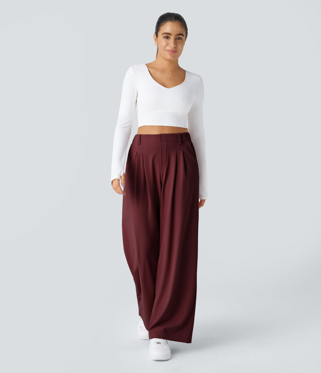 Pantalon Tailleur Large Fluide Halara Flex™ Gaufré Taille Haute Poches Latérales