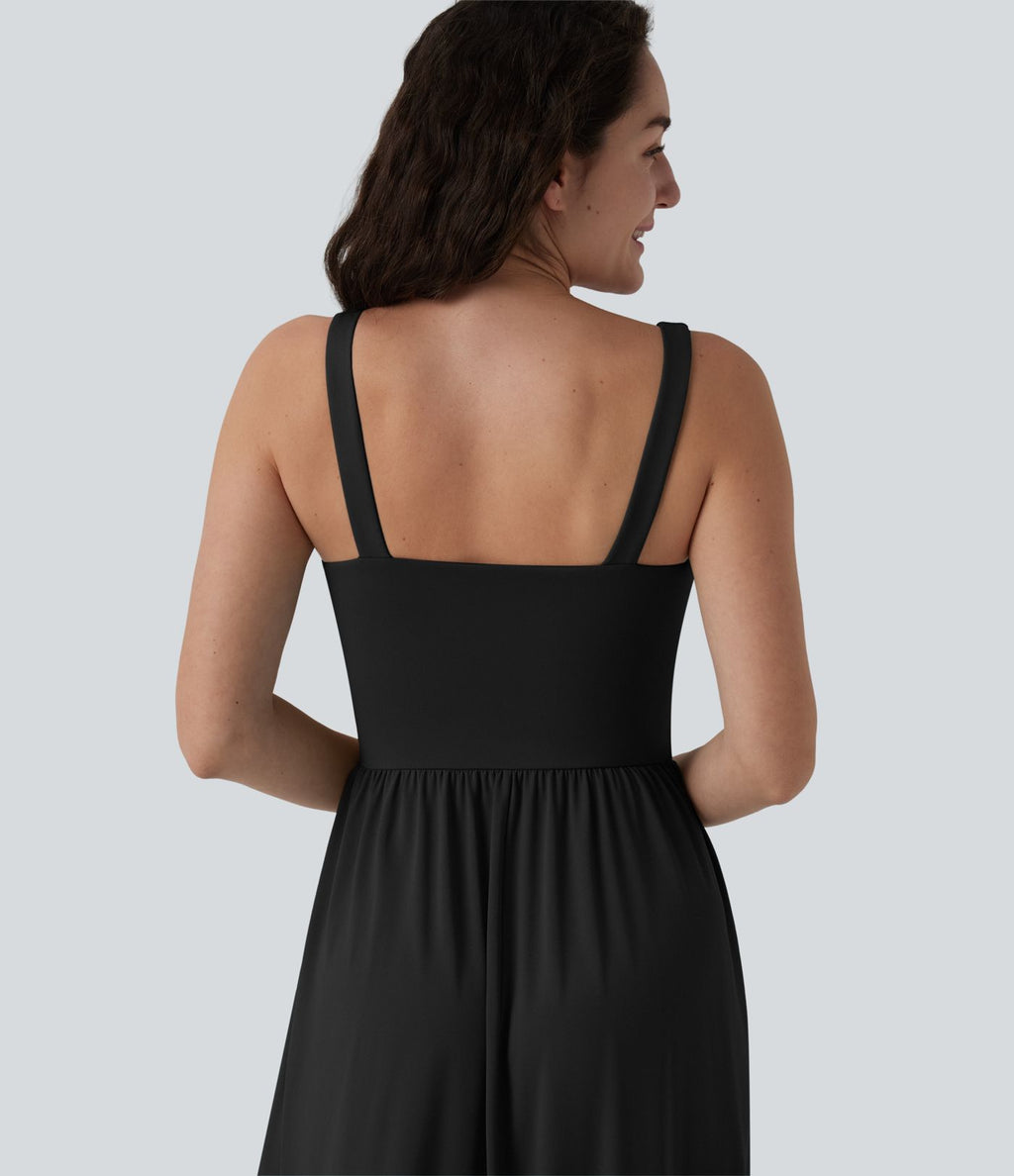 Robe midi fluide casual col carré à corset et nœud devant avec poches