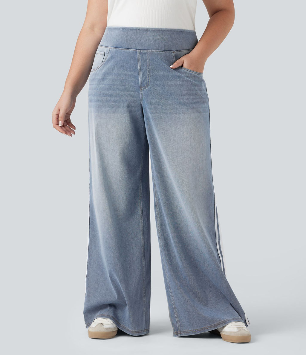 Halara Flex™ Jean large fluide taille haute à rayures délavé décontracté grande taille avec poches