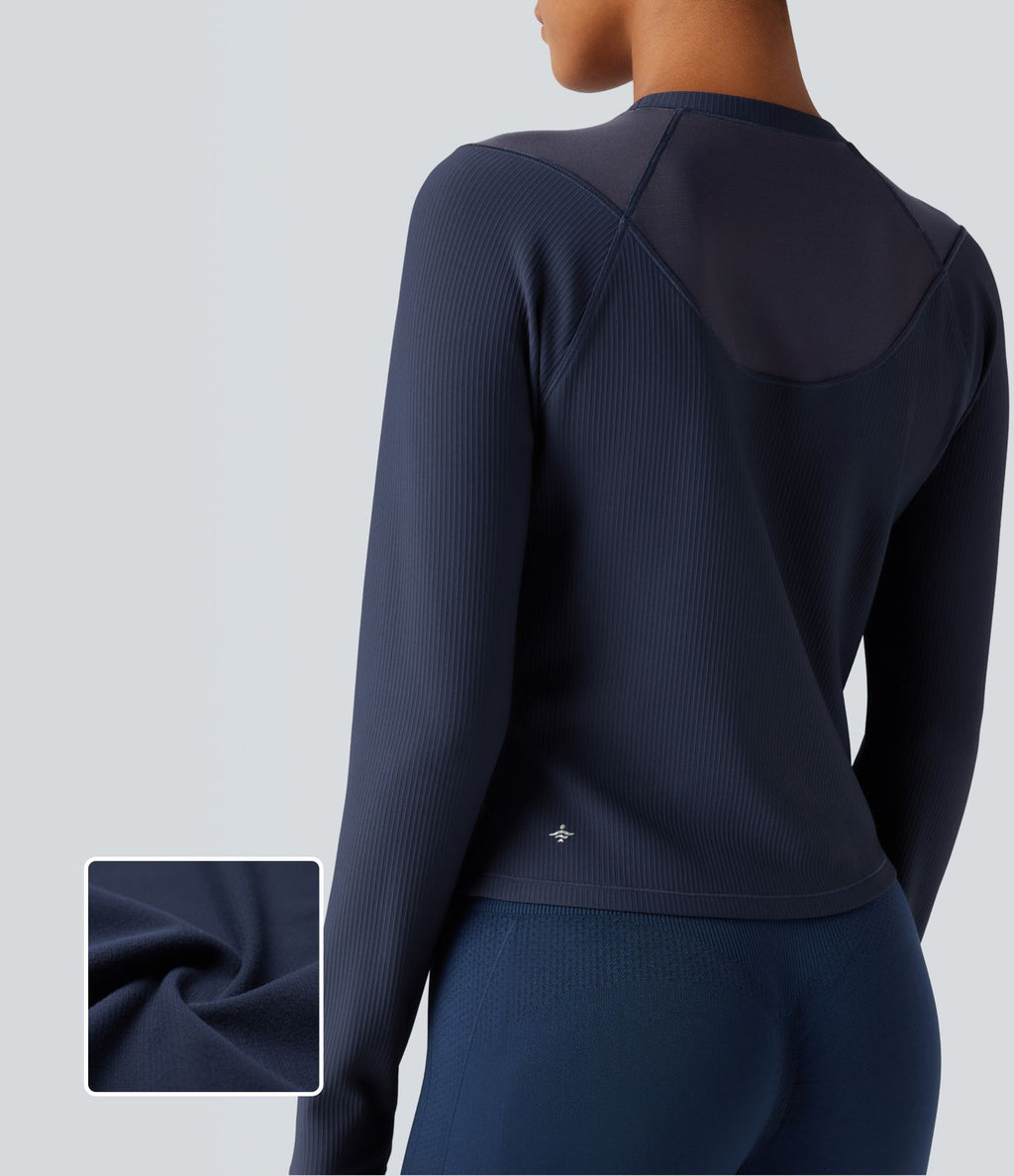 Top de sport yoga col rond manches raglan longues mesh contrastant