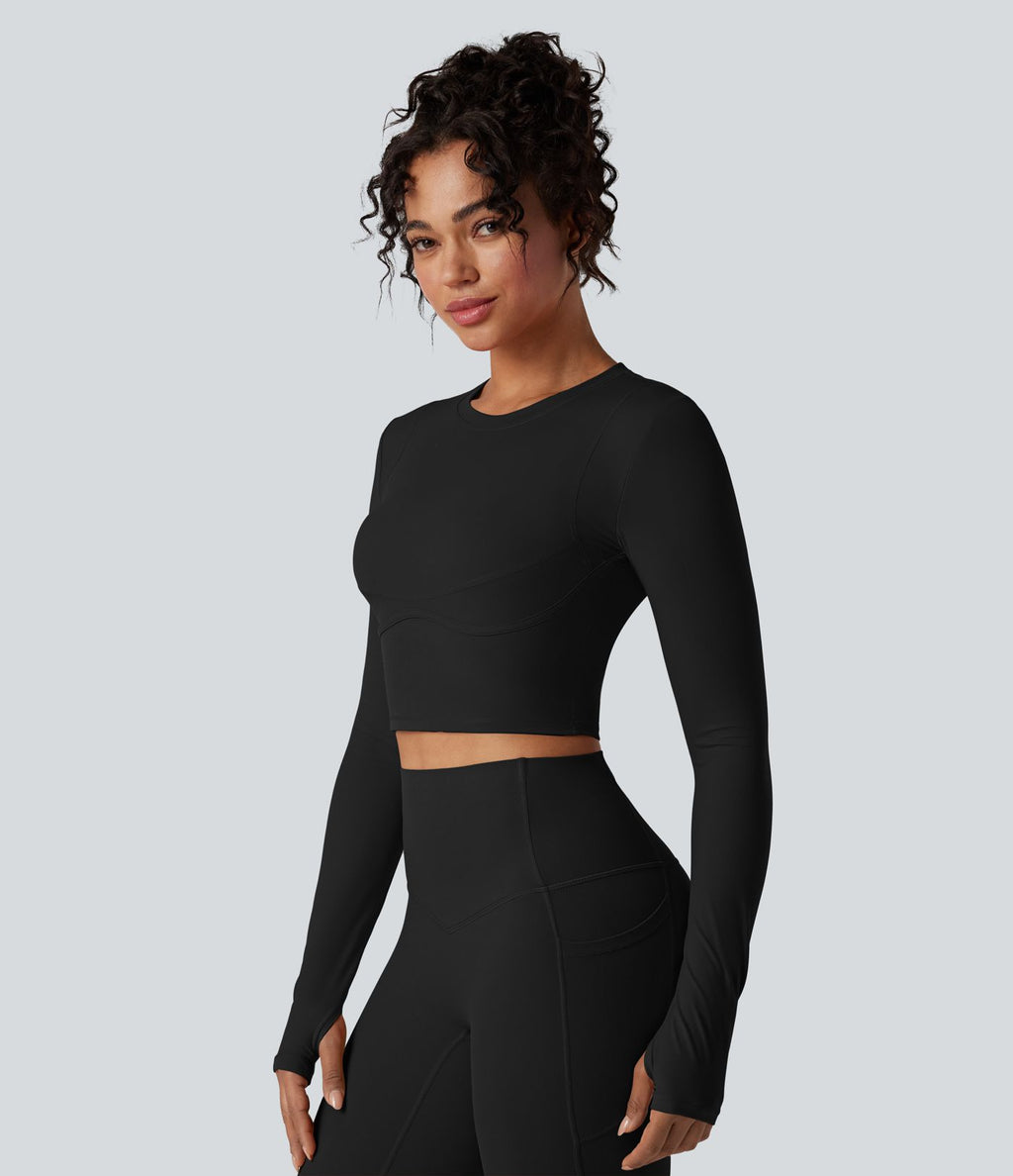 Top de sport yoga court Halara UltraSculpt™ col rond manches longues avec trous pouces