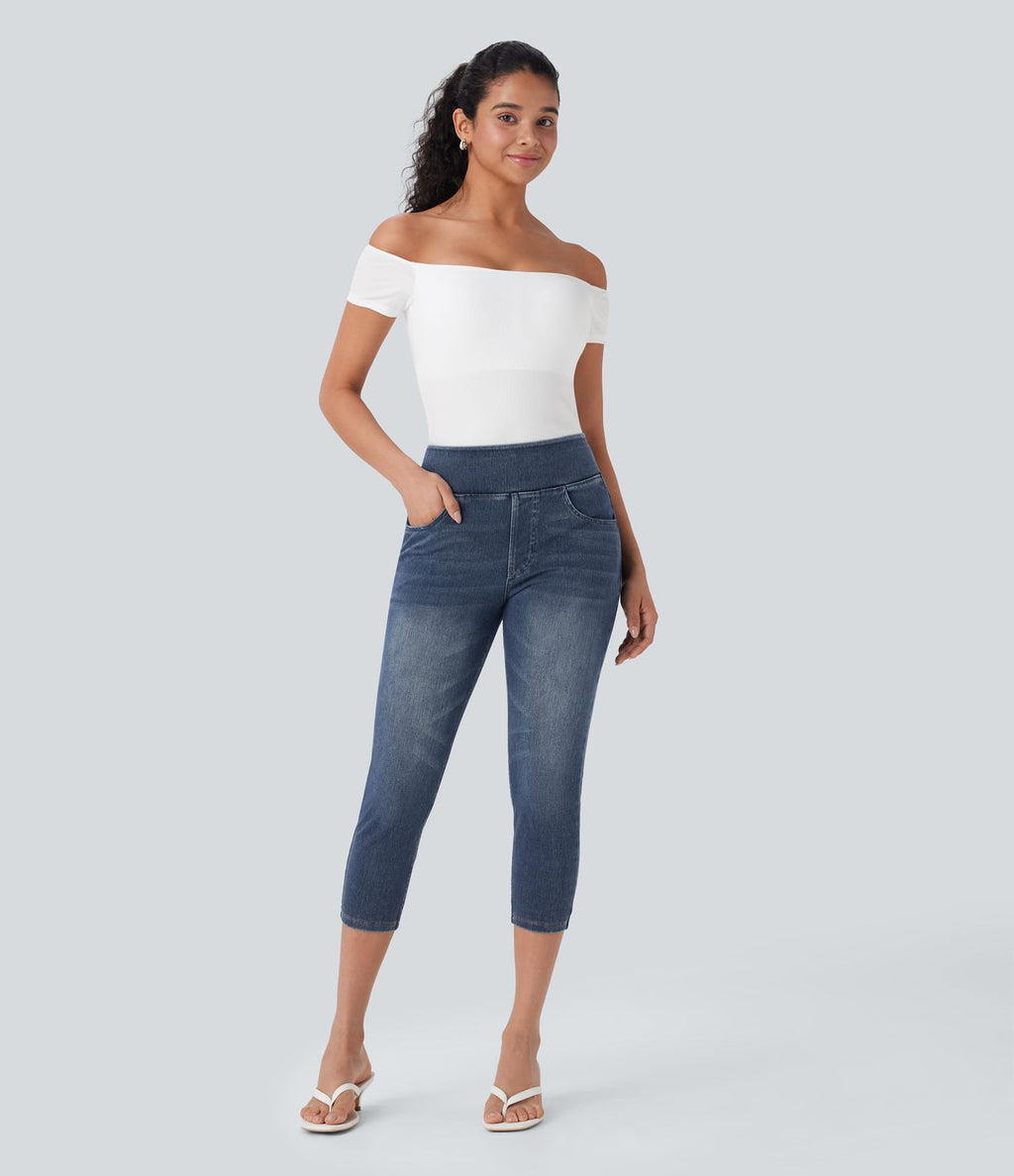 Leggings capri Halara Flex™ en jean extensible tricoté à taille haute et poches
