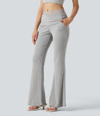 Pantalon décontracté évasé à taille mi-haute en maille côtelée extensible avec poches