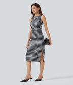 Robe midi moulante Halara UltraSculpt™ motif tartan, encolure bateau et sans manches