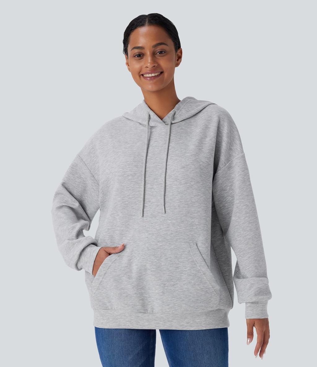 Sweat-shirt décontracté à capuche avec cordon de serrage, manches longues, poche kangourou, coupe croisée et fente