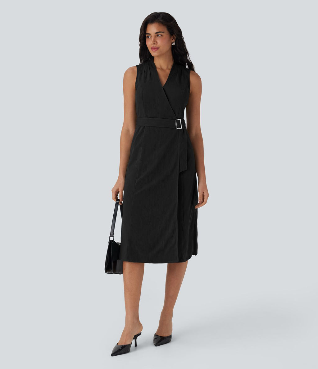 Robe de voyage mi-longue à col V, sans manches, portefeuille, ceinture et poches latérales