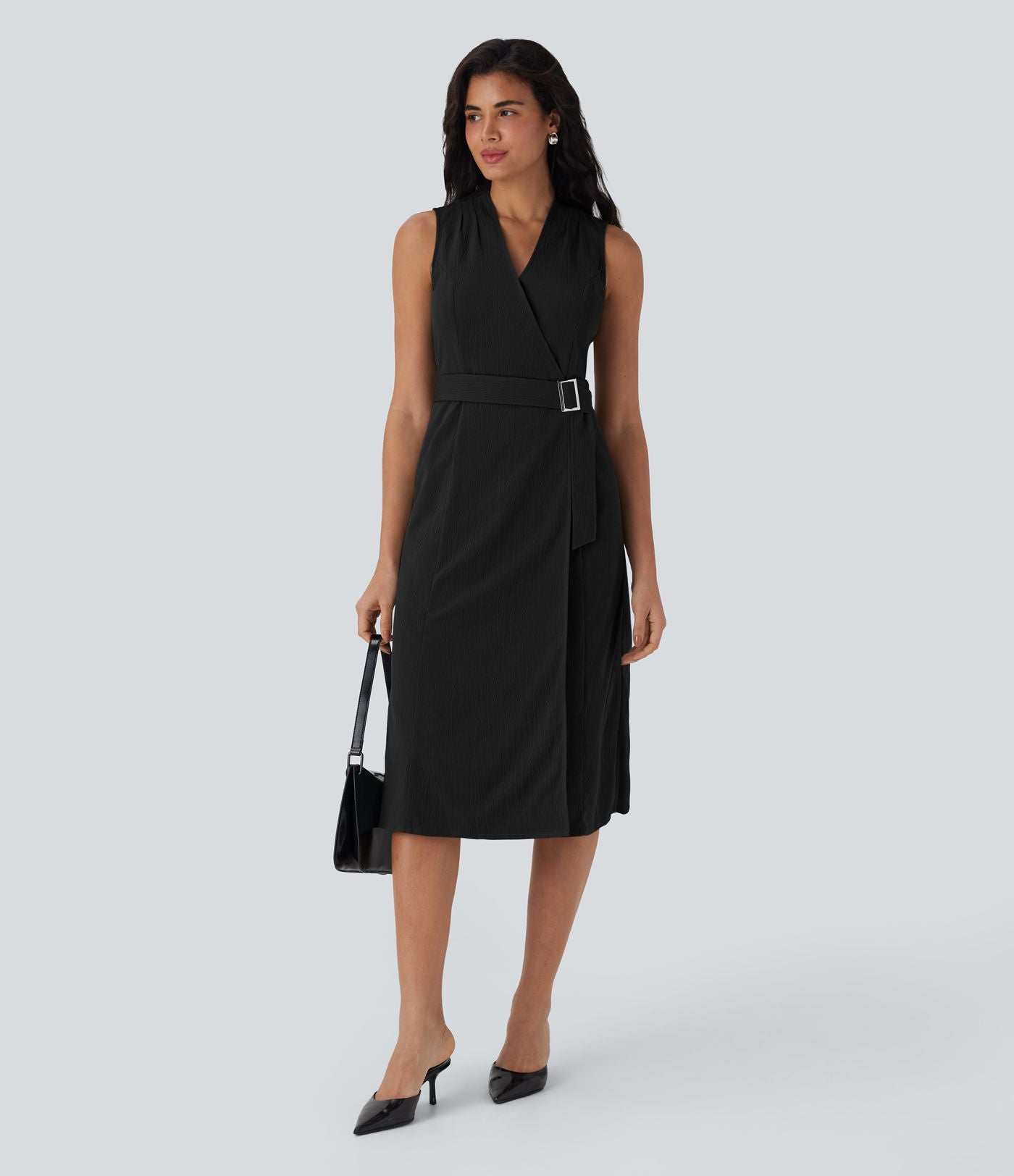 Robe de voyage mi-longue à col V, sans manches, portefeuille, ceinture et poches latérales