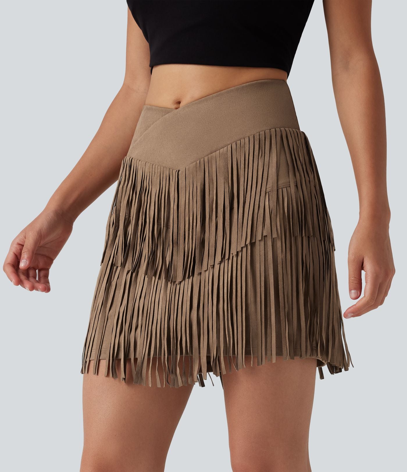 Jupe mini moulante 2-en-1 en daim pour soirée, ourlet à franges croisé, taille haute — version longue