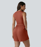 Combishort casual côtelé sans manches col V, fronces et soutien-gorge intégré, avec poches – Easy Peasy
