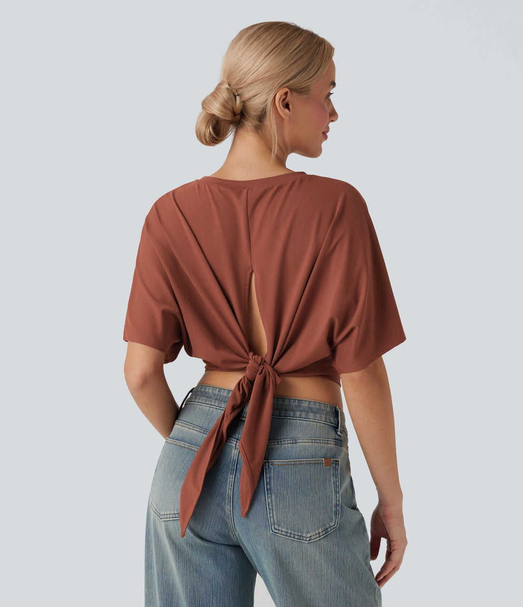 Haut casual crop col rond manches courtes fentes liens dos