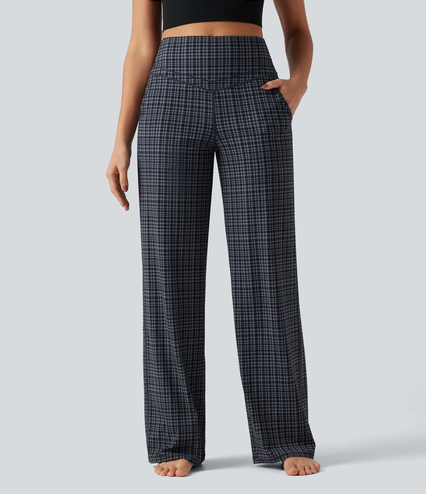 Pantalon de yoga droit Halara UltraSculpt™ taille haute gainant à motif tartan avec poches
