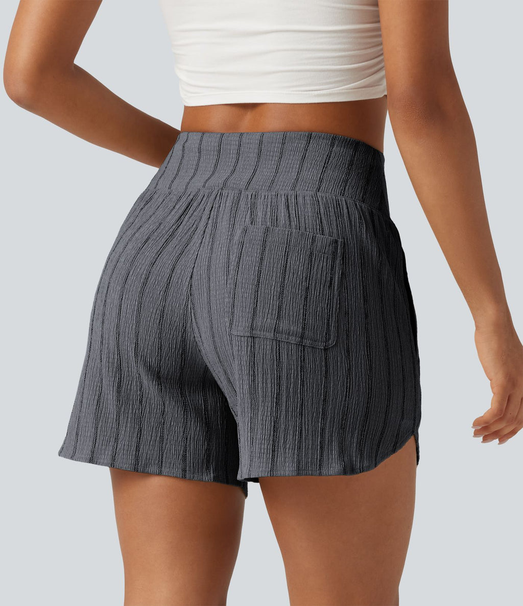 Short casual taille haute ourlet arrondi rayures avec poches