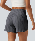 Short casual taille haute ourlet arrondi rayures avec poches