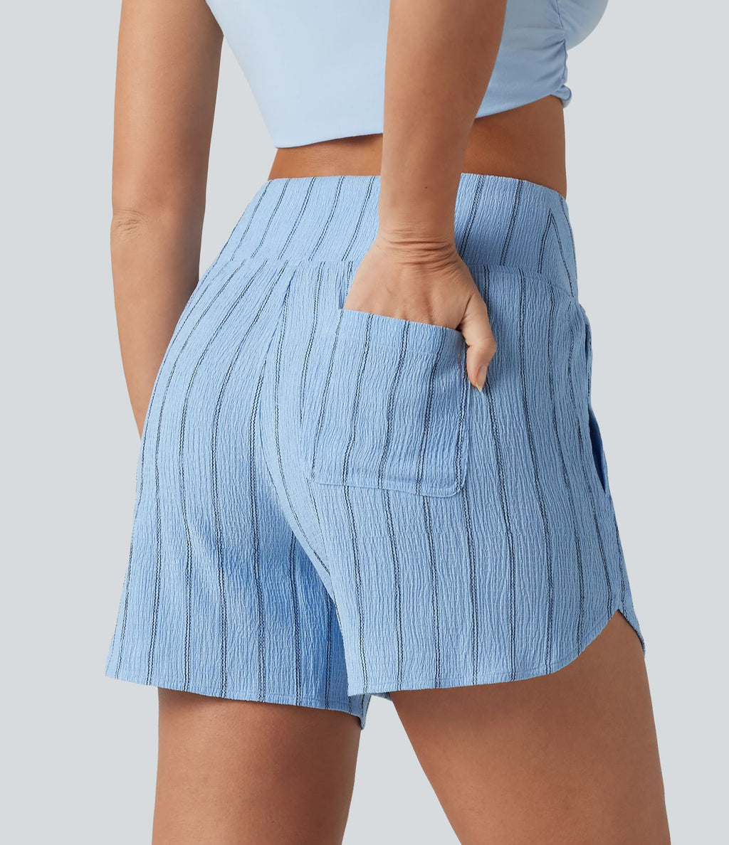 Short casual taille haute ourlet arrondi rayures avec poches