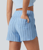 Short casual taille haute ourlet arrondi rayures avec poches