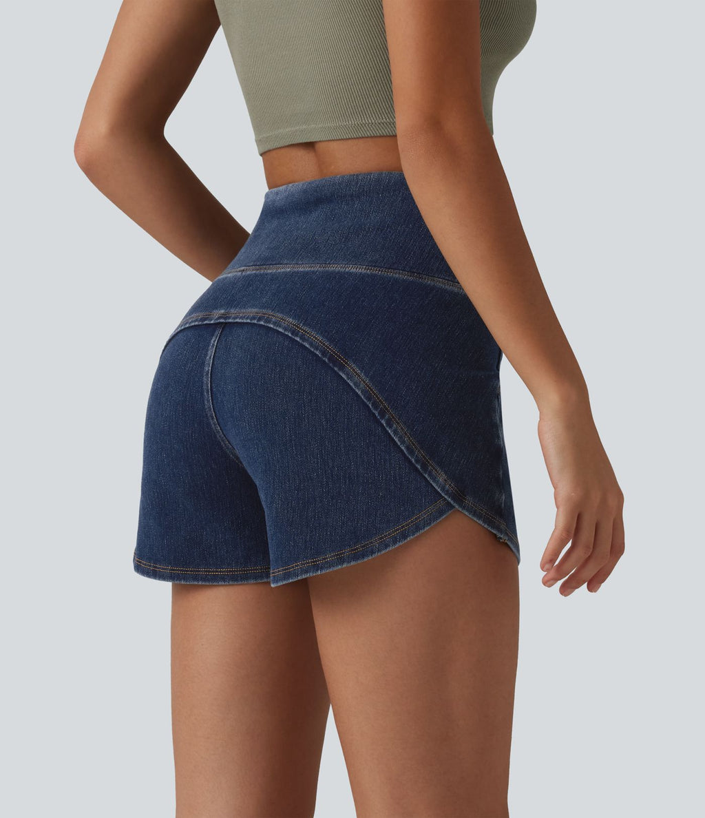 Halara Flex™ Short casual en jean skinny gainant taille haute à ourlet arrondi avec poches