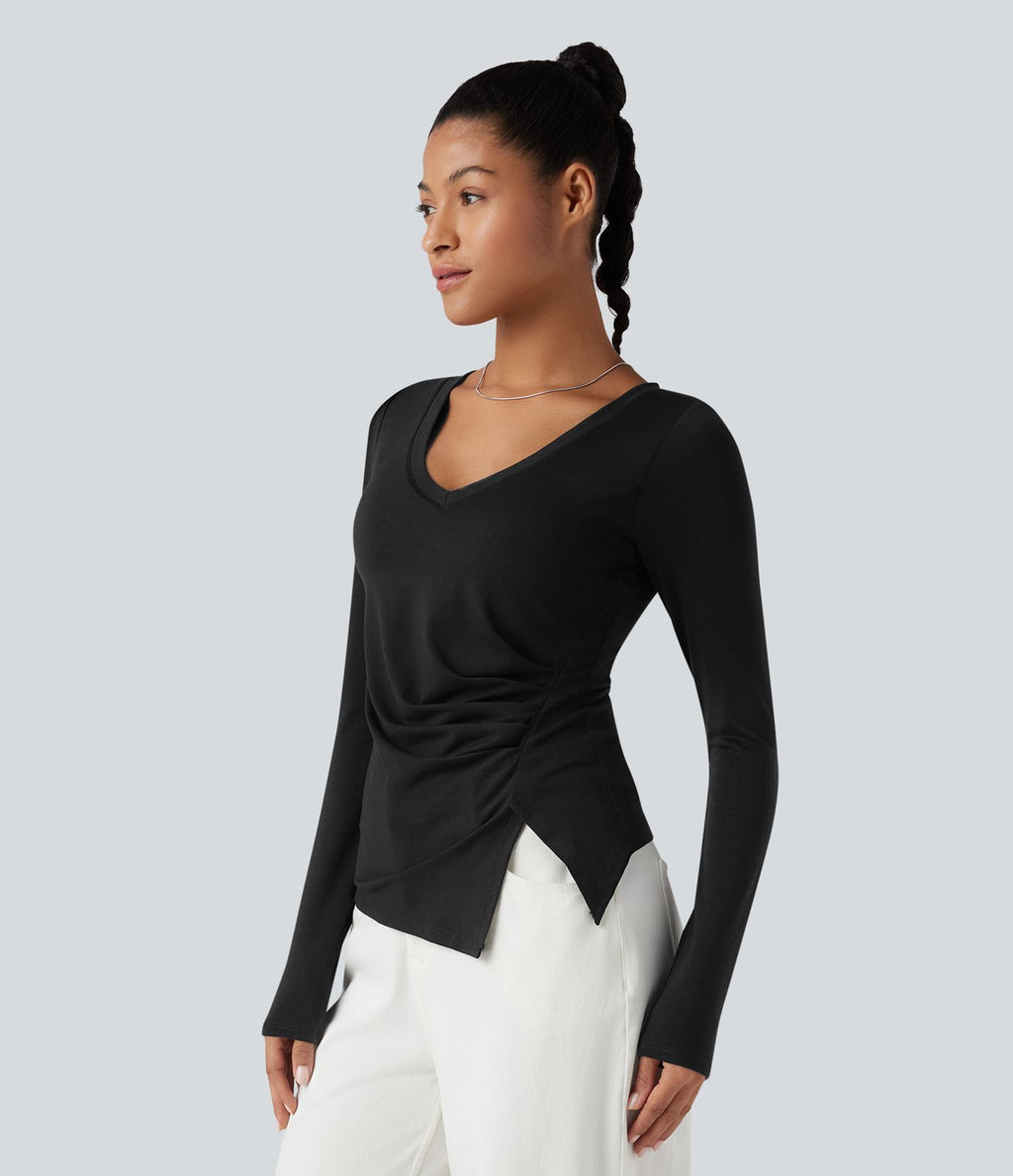 Top casual push-up à col V avec bonnets moulés, manches longues, fronces et ourlet fendu - Bonnet A/B