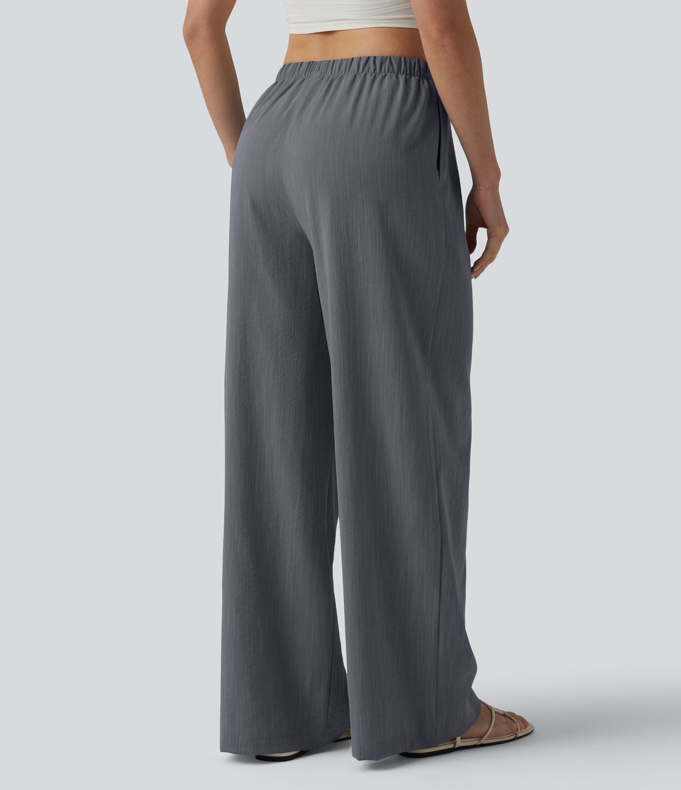 Pantalon large décontracté taille mi-haute avec cordon de serrage aspect lin avec poches