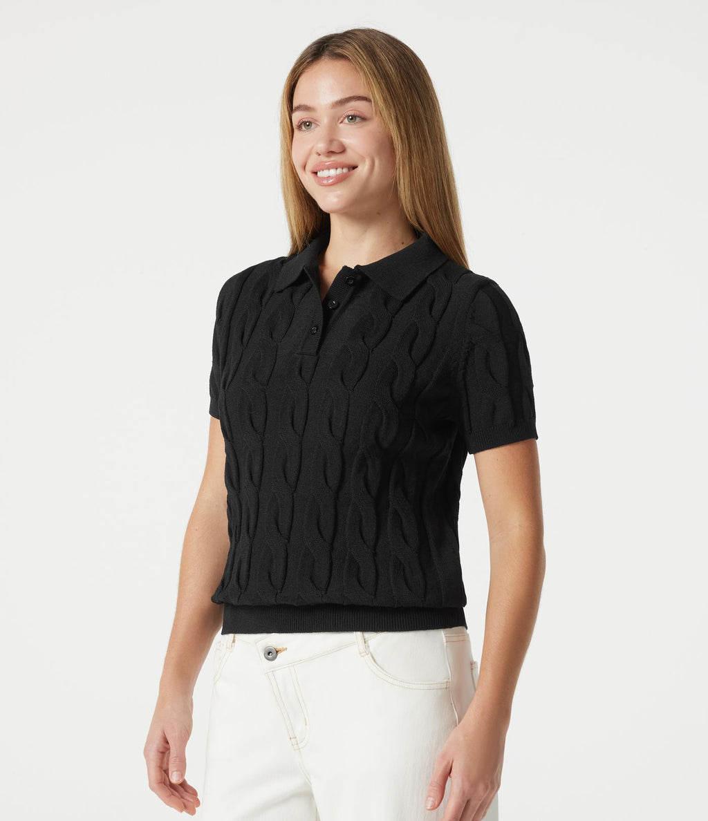 Pull polo décontracté en maille torsadée à manches courtes