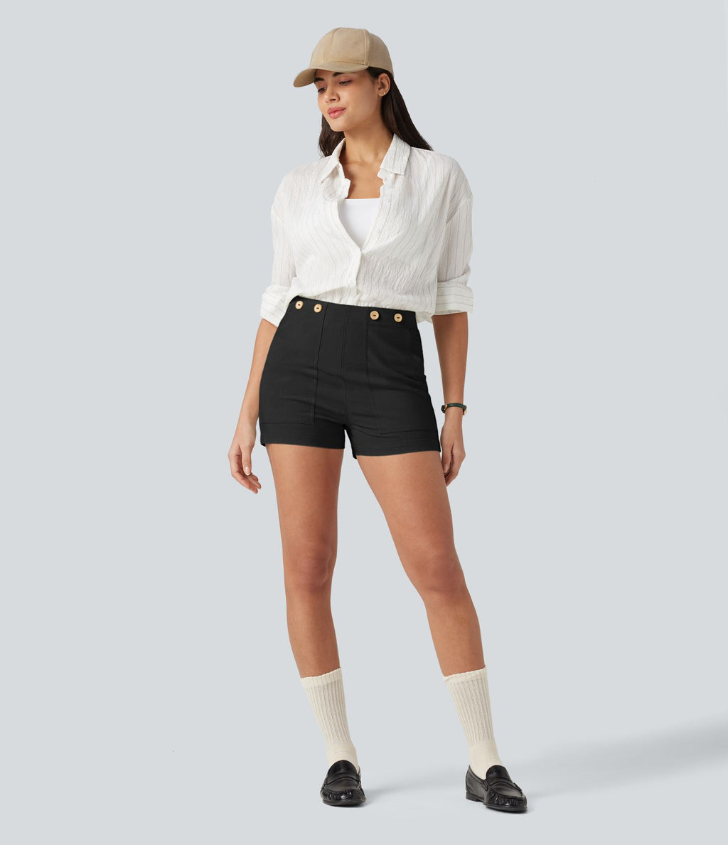 Short taille haute décontracté en lin stretch 7,5 cm avec poches