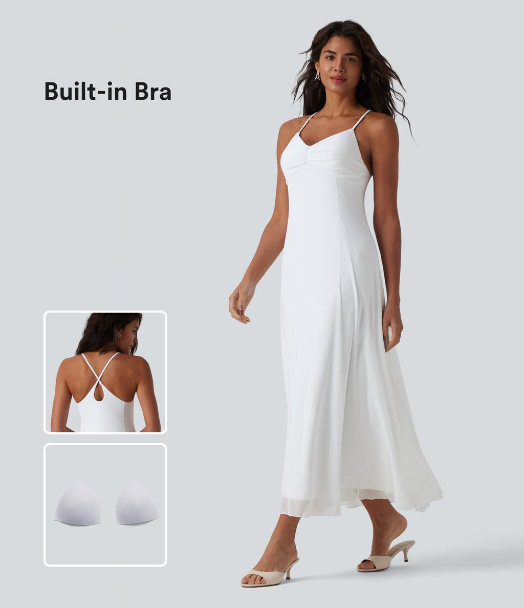 Robe longue fluide dos croisé avec superposition mesh pour demoiselle d'honneur et invitée mariage