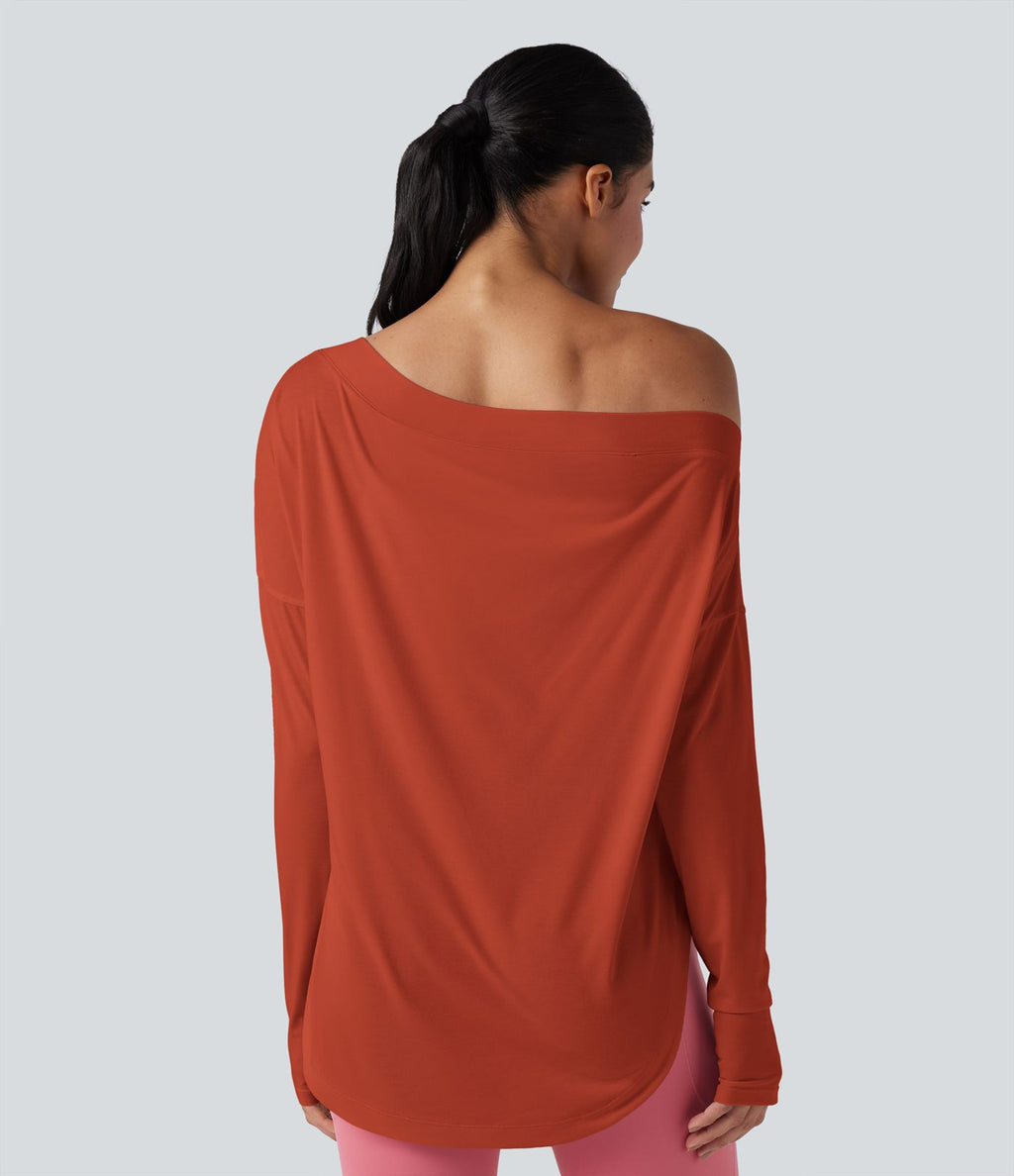 Top de sport yoga une épaule séchage rapide ourlet arrondi asymétrique manches longues avec trous pouces - Brassière intégrée