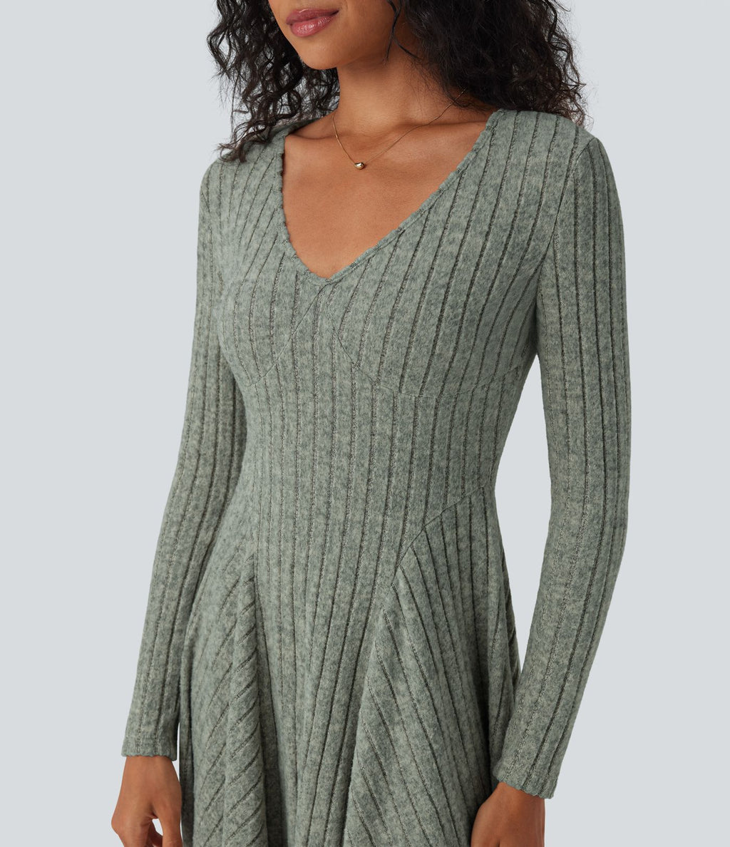 Robe décontractée mini évasée maille côtelée col V manches longues
