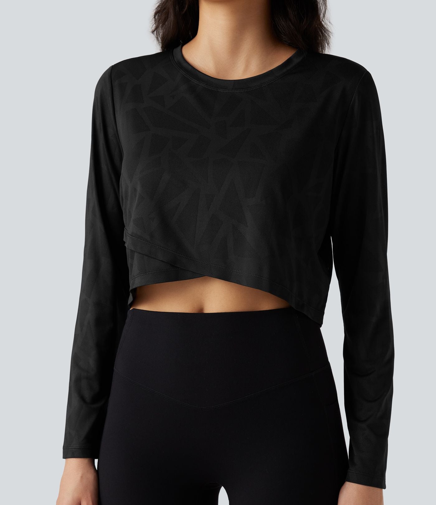 Top de sport yoga jacquard ourlet croisé col rond manches longues