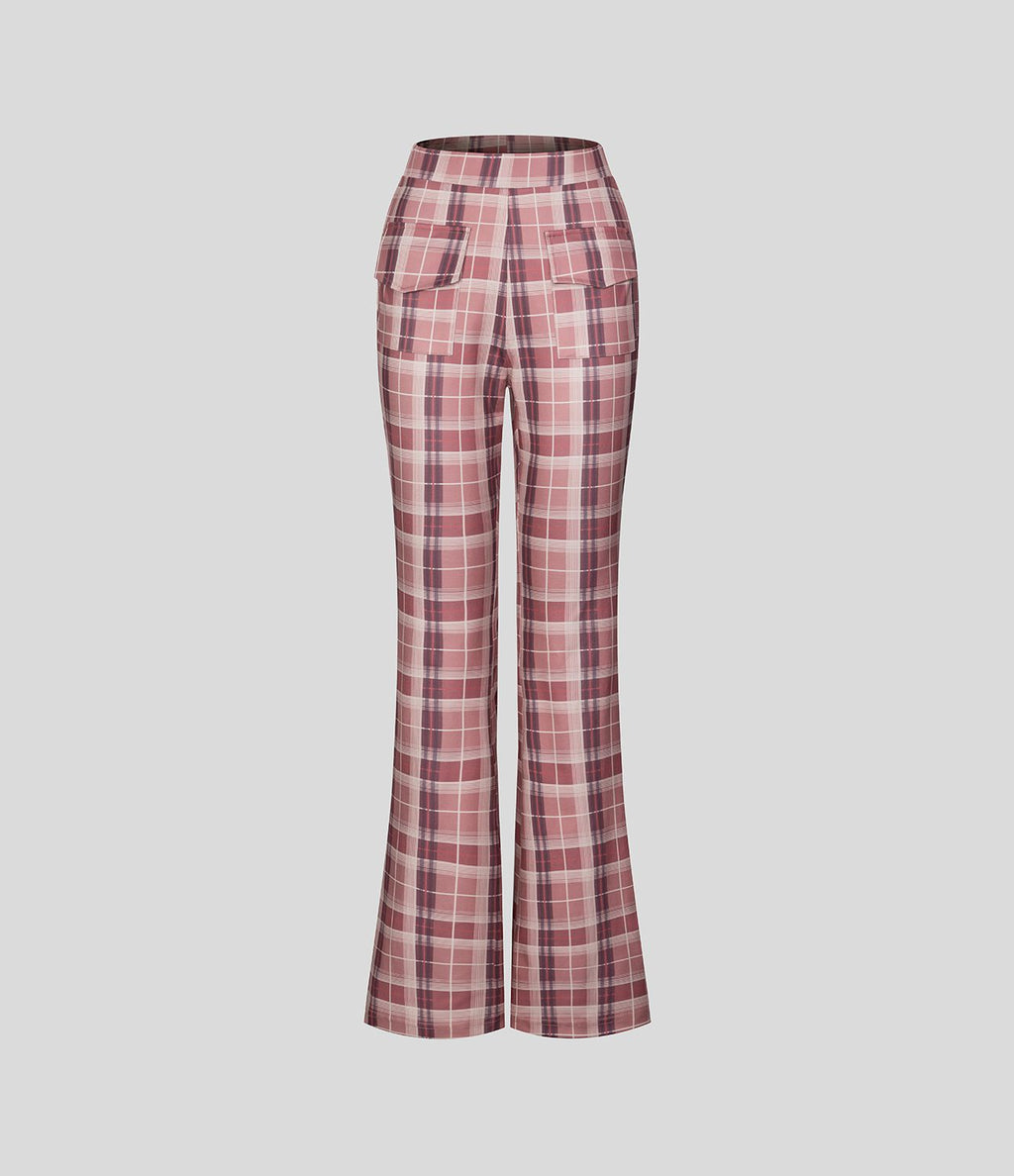 Pantalon Casual à Carreaux Évasé et Taille Haute avec Poches
