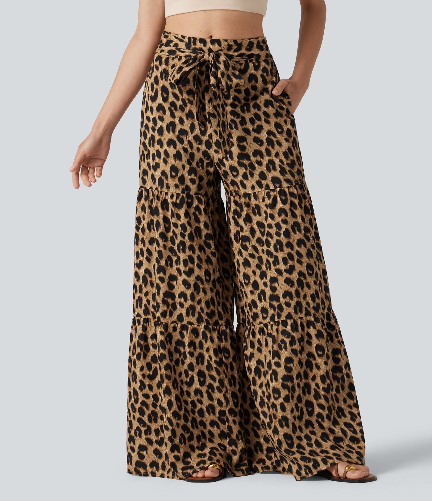 Pantalon ample décontracté taille mi-haute avec nœud devant imprimé léopard avec poches