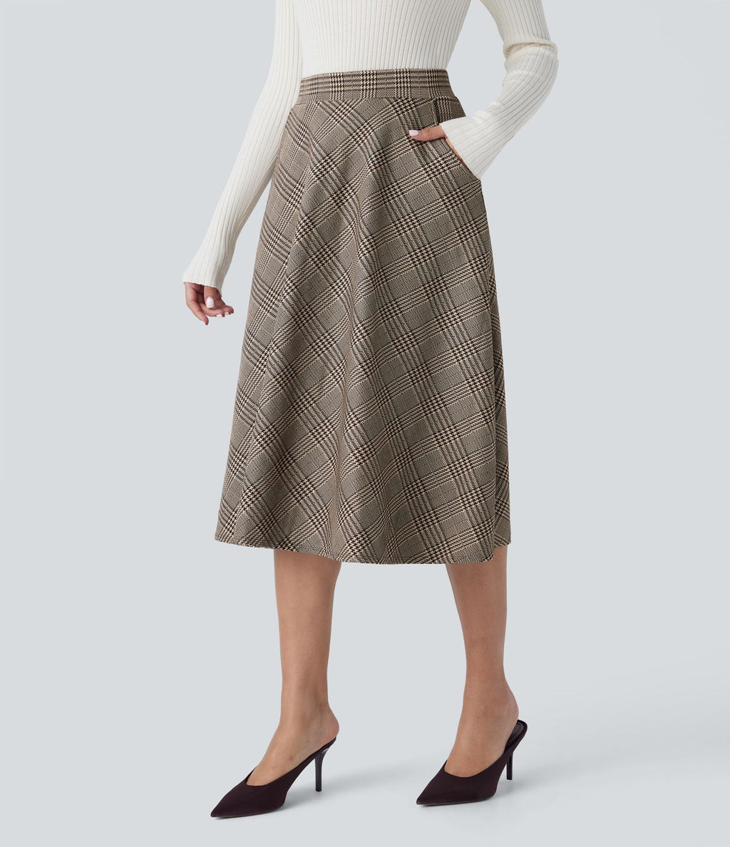 Jupe midi évasée à taille haute et poches latérales, motif pied-de-poule