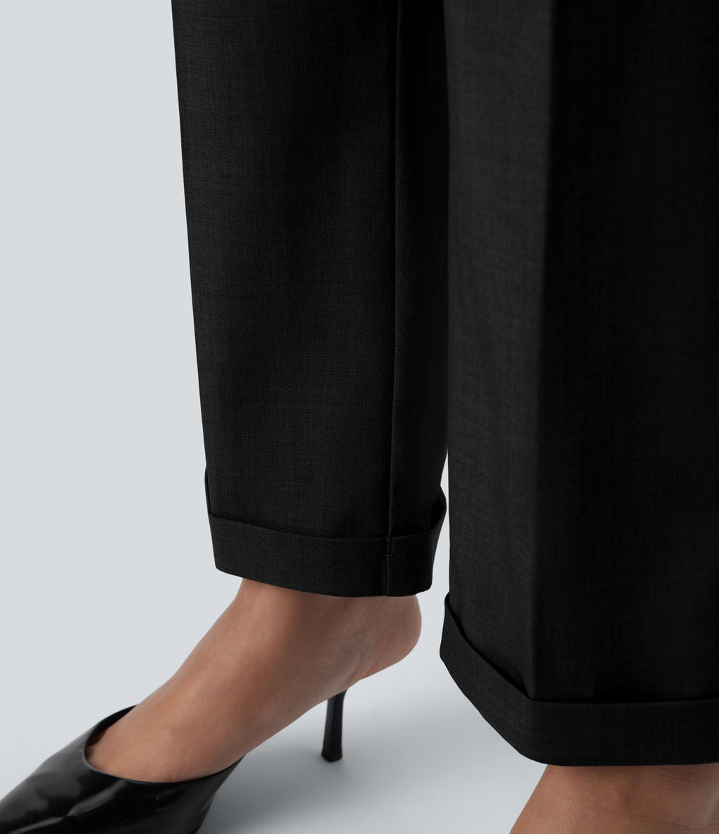 Pantalon Tailleur à taille haute, ceinture, poches latérales et jambes droites