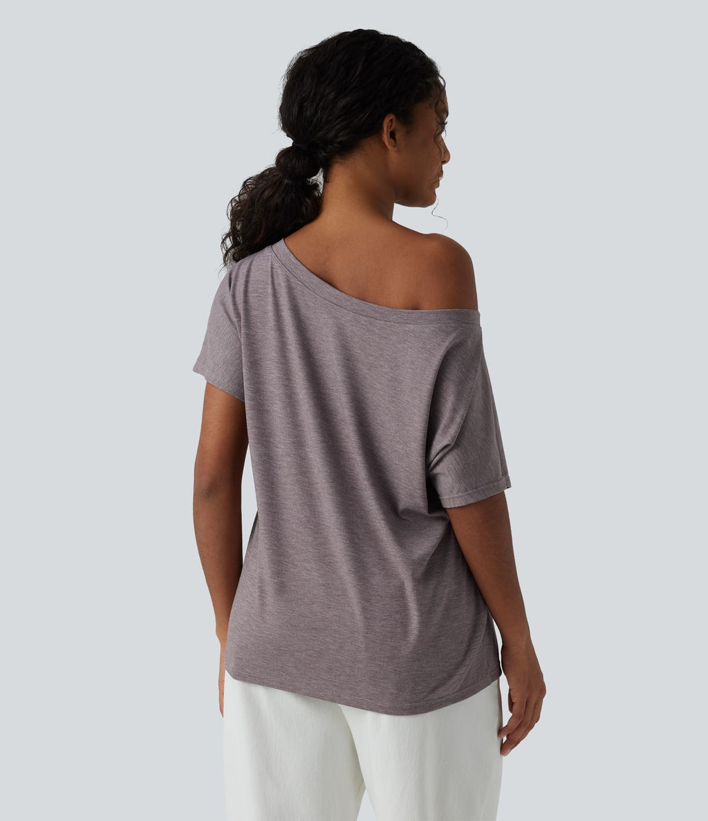 Haut décontracté oversize chiné asymétrique une épaule dénudée manches courtes