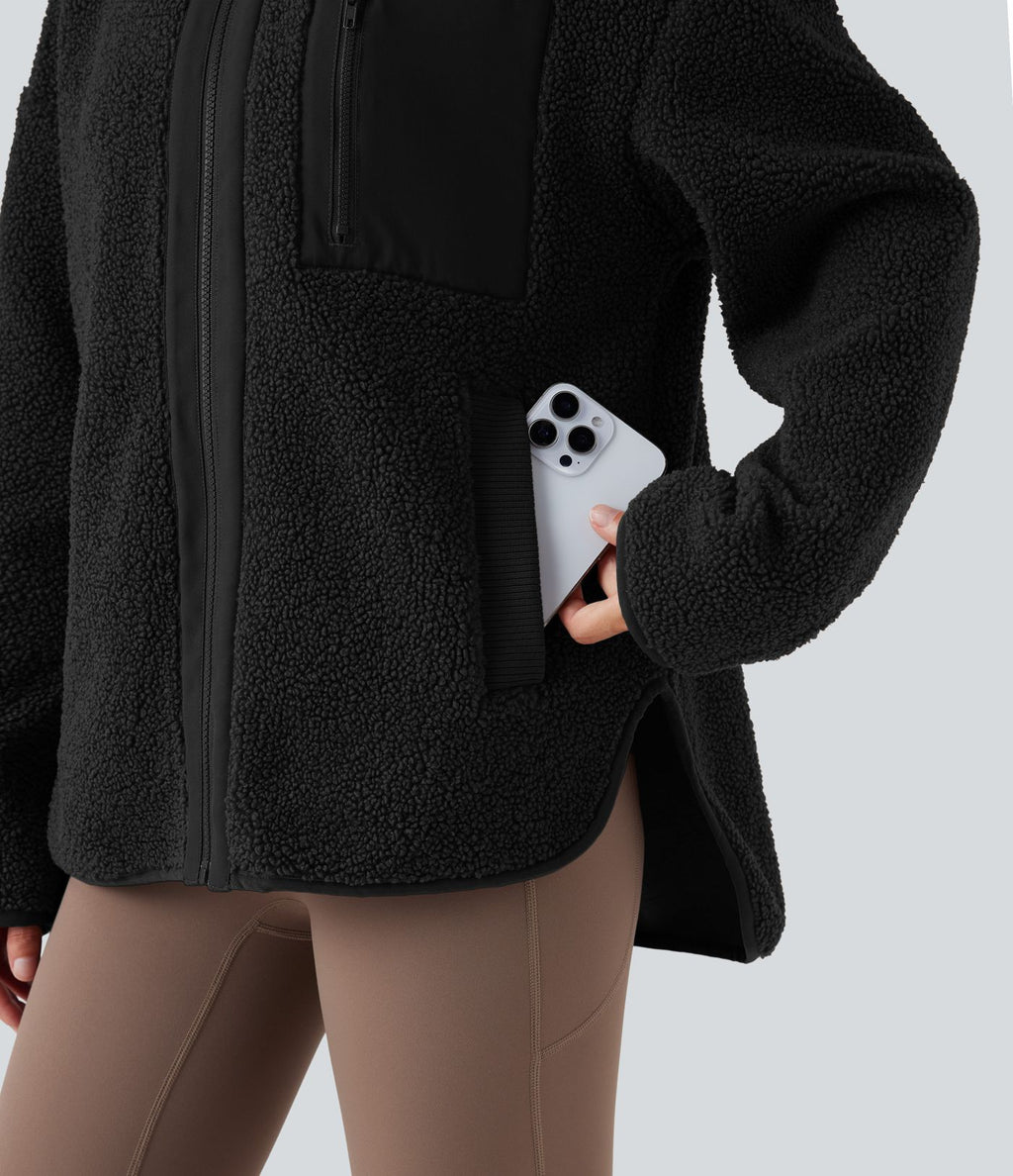 Veste de sport sherpa à manches longues avec ourlet asymétrique arrondi et poches