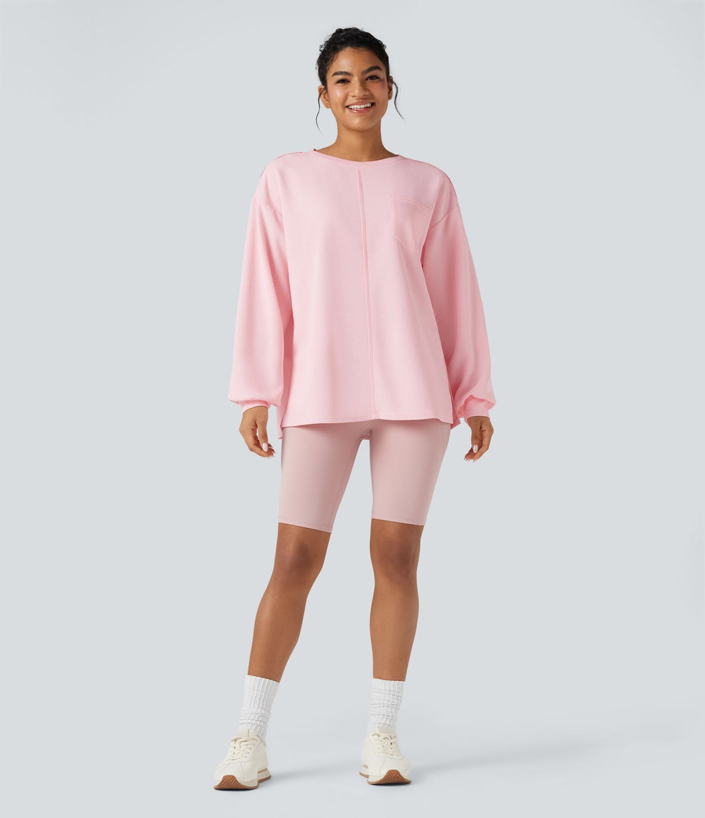 Sweat-shirt gaufré oversize col rond manches longues ourlet fendu avec poches