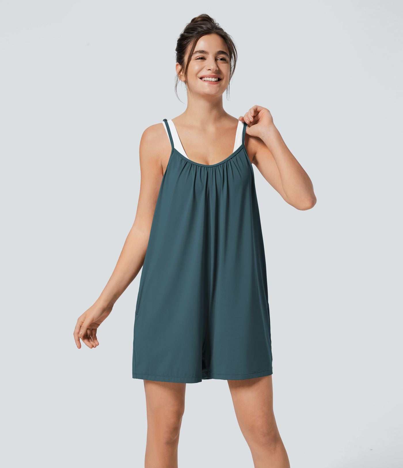 Combinaison Large Casual à Jambes Larges Solide avec Fines Bretelles Réglables Poches Latérales Plissées