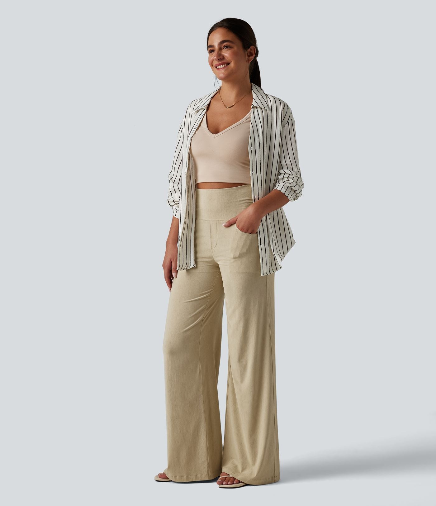 Pantalon large casual en lin stretch taille haute ventre plat avec poches