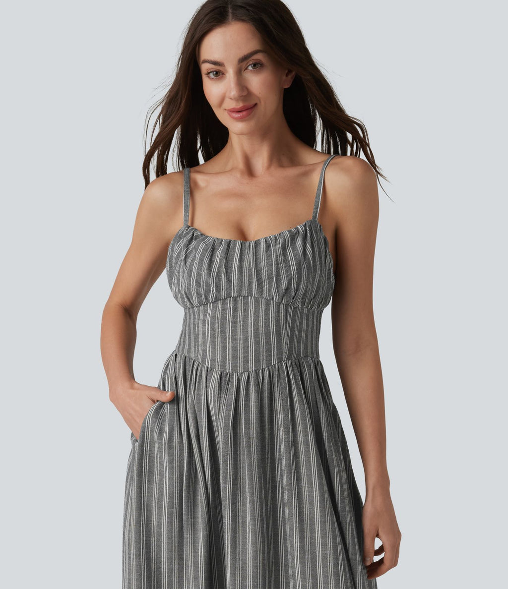 Robe nuisette midi fluide décontractée à rayures style corset lacé avec poches
