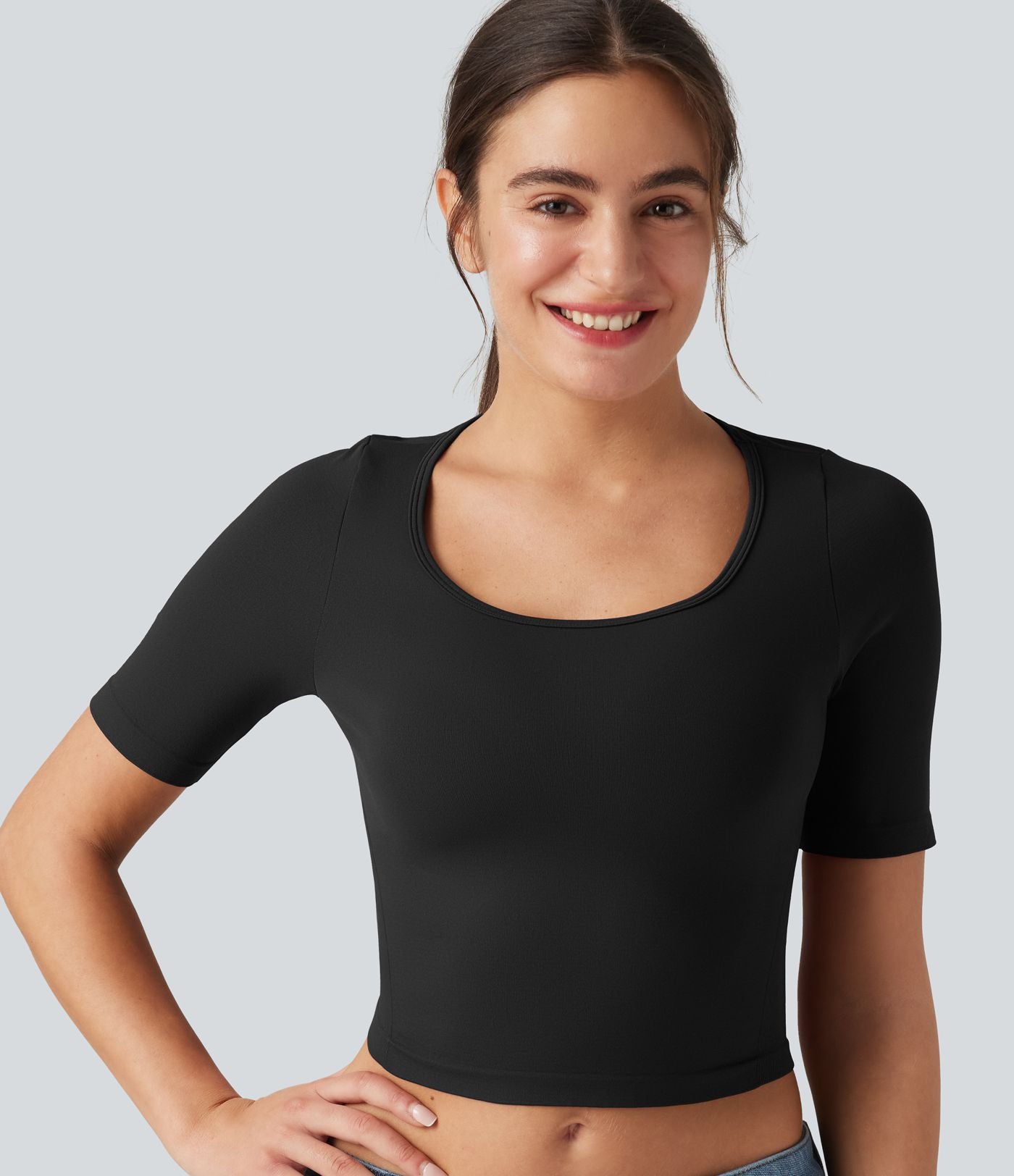 Haut de sport yoga OneForm sans couture Flow col rond échancré manches courtes