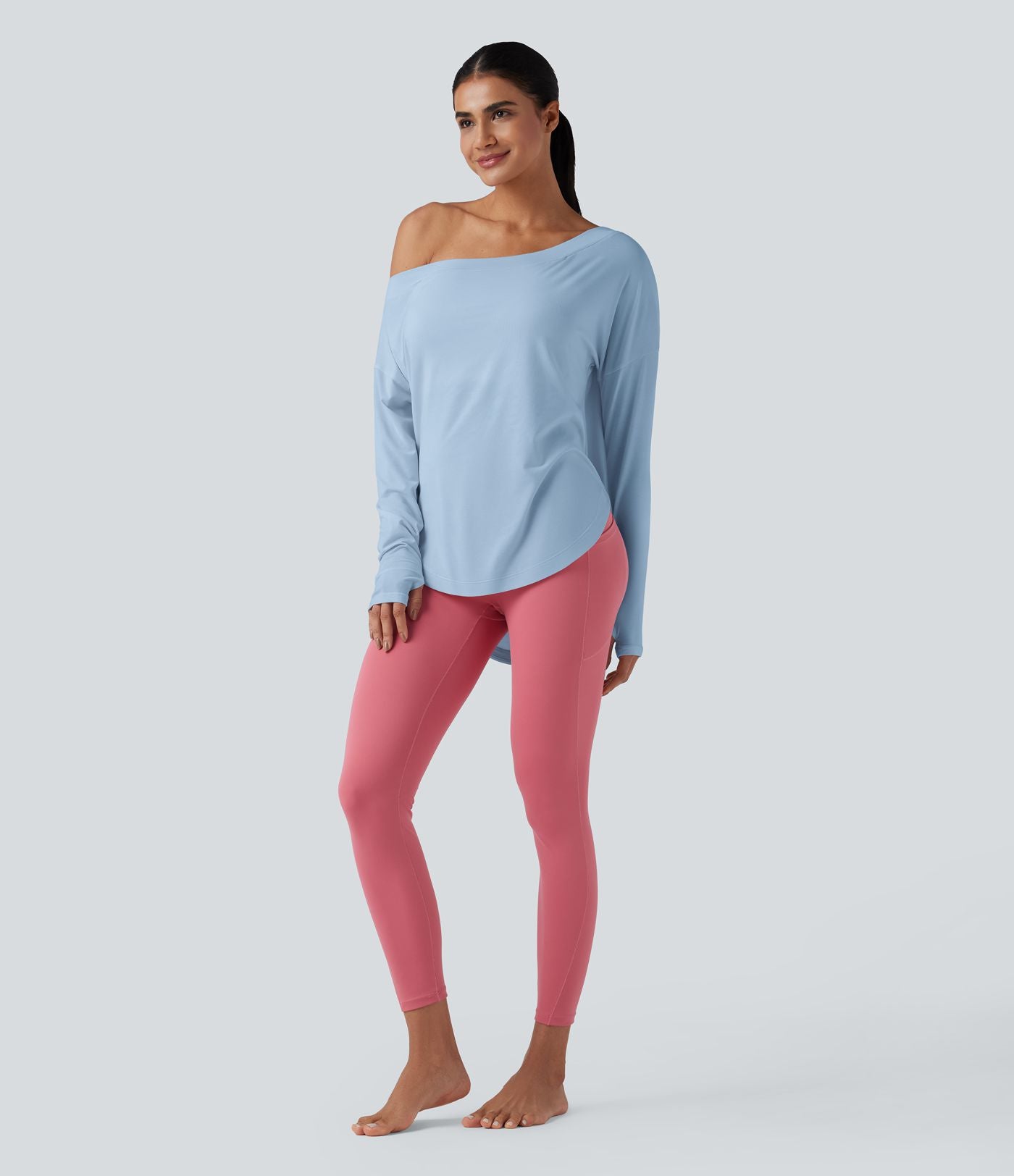 Top de sport yoga une épaule séchage rapide ourlet arrondi asymétrique manches longues avec trous pouces - Brassière intégrée