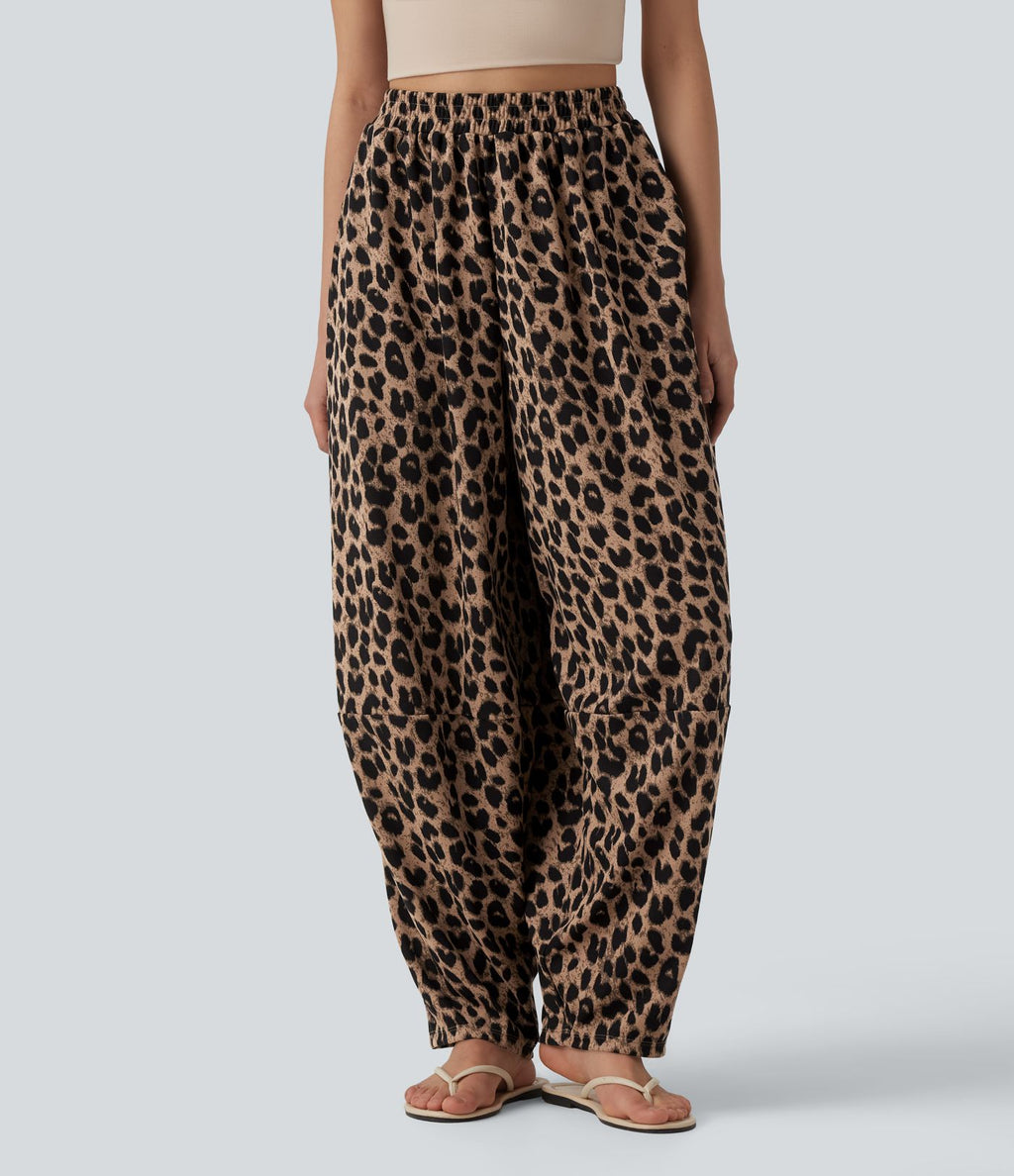 Jogging casual fluide gaufré imprimé léopard taille haute avec poches
