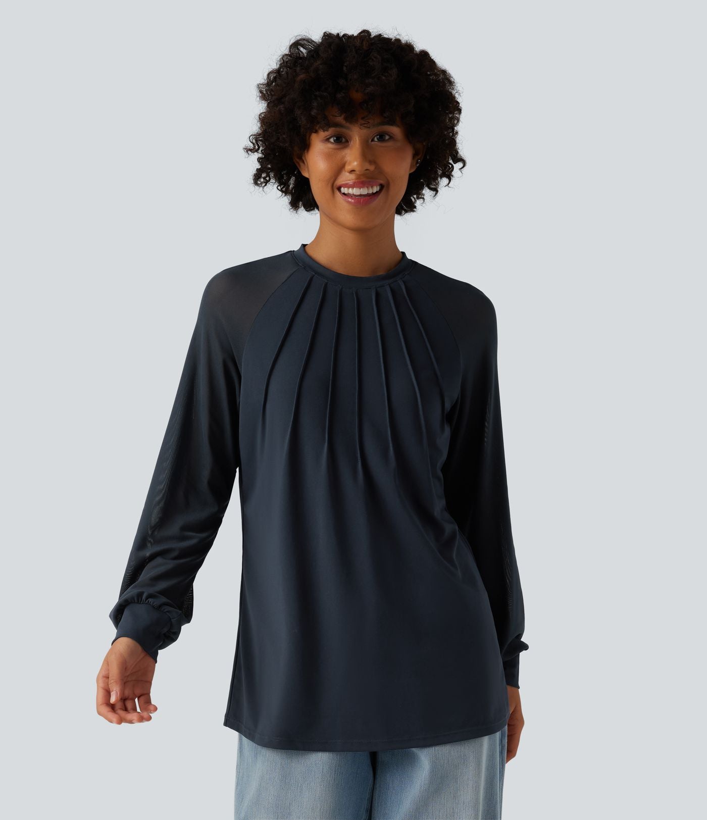 Blouse mesh contrastant col rond manches raglan longues