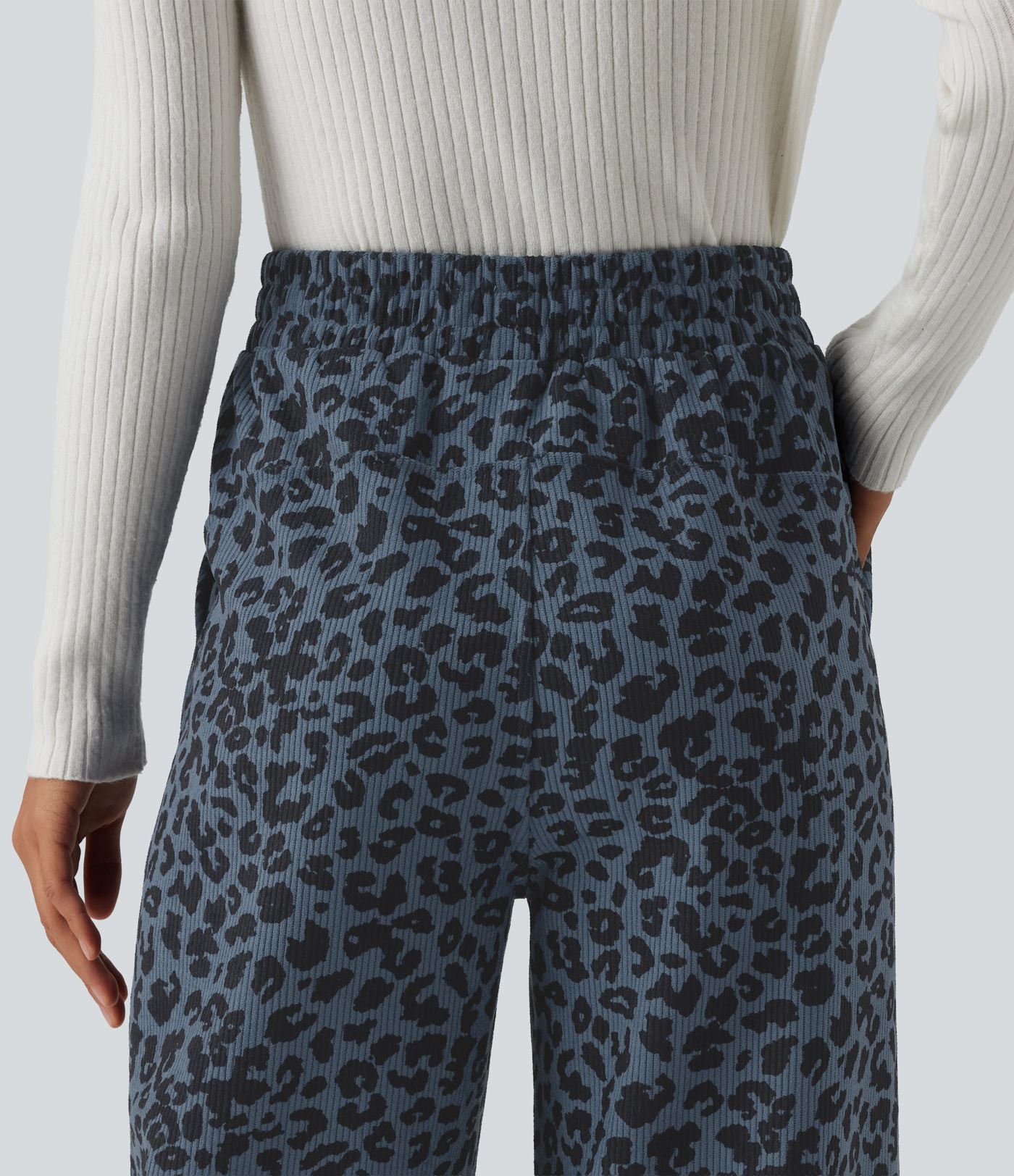 Pantalon léopard velours côtelé imprimé coupe droite mop taille haute avec poches
