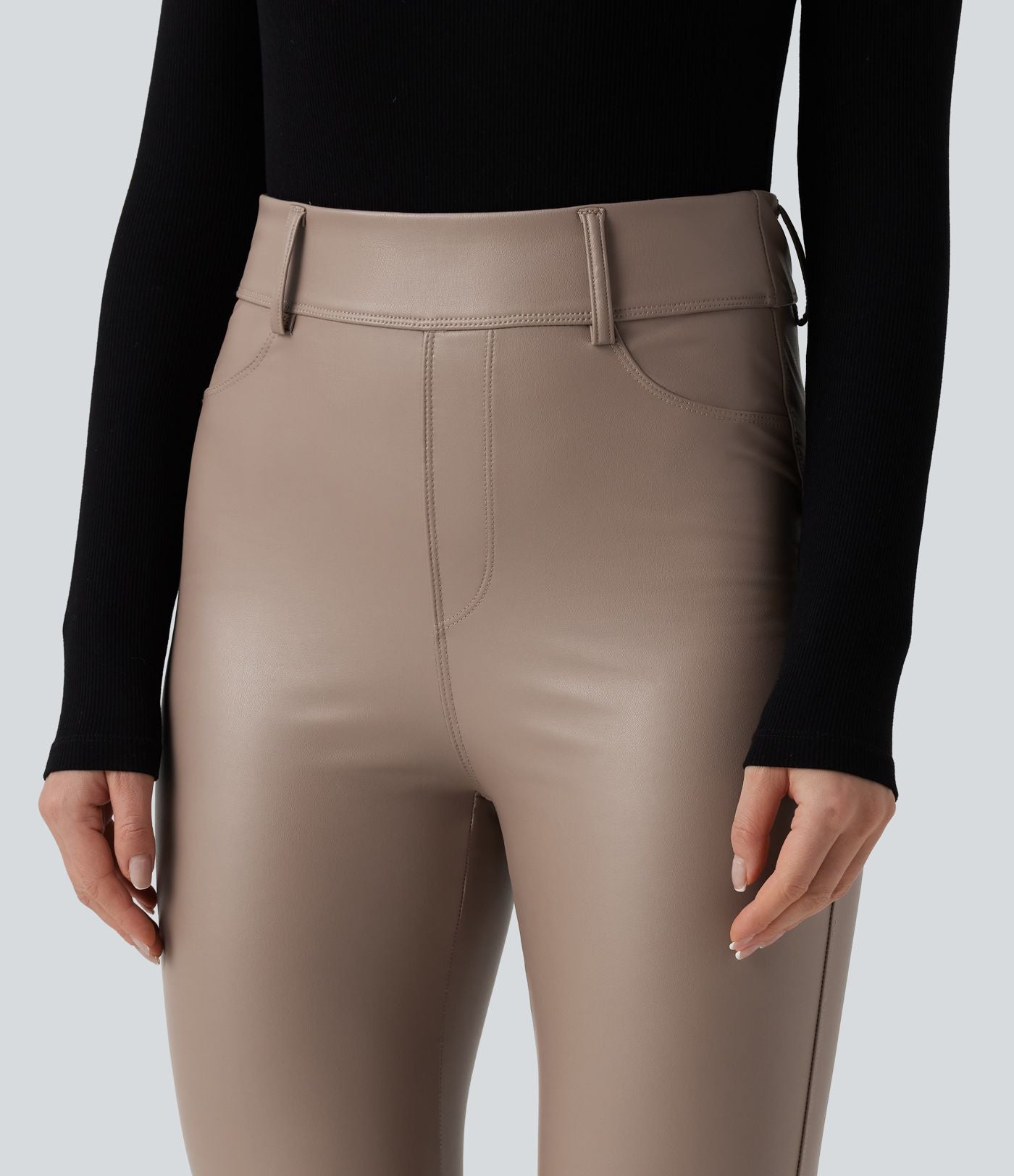 Pantalon polaire simili cuir extensible taille haute avec poches