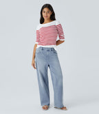 Jean Casual Halara Flex™ Taille Mi-Haute à Jambes Larges Tricot Extensible Lavé avec Poches Multiples