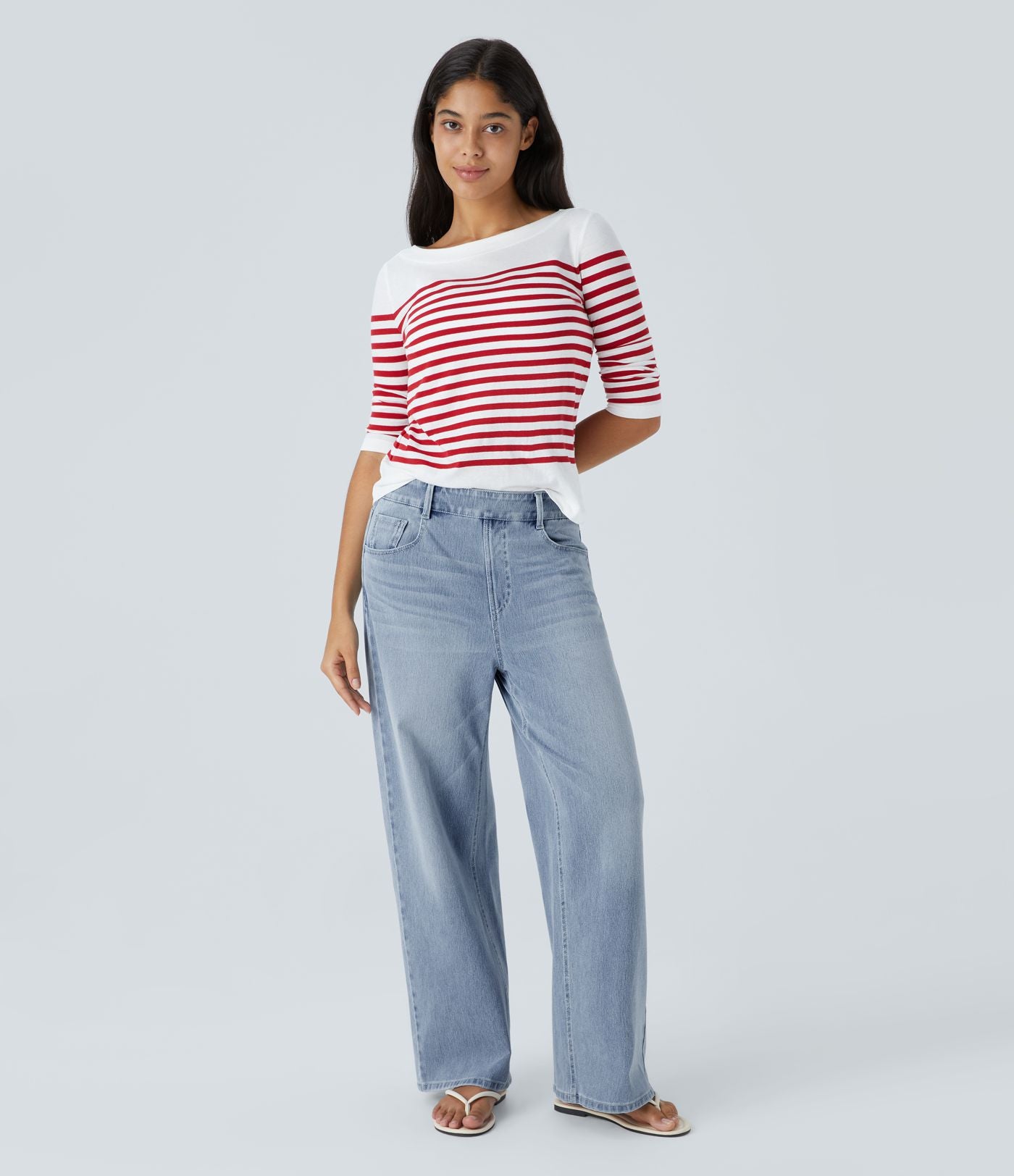 Jean Casual Halara Flex™ Taille Mi-Haute à Jambes Larges Tricot Extensible Lavé avec Poches Multiples