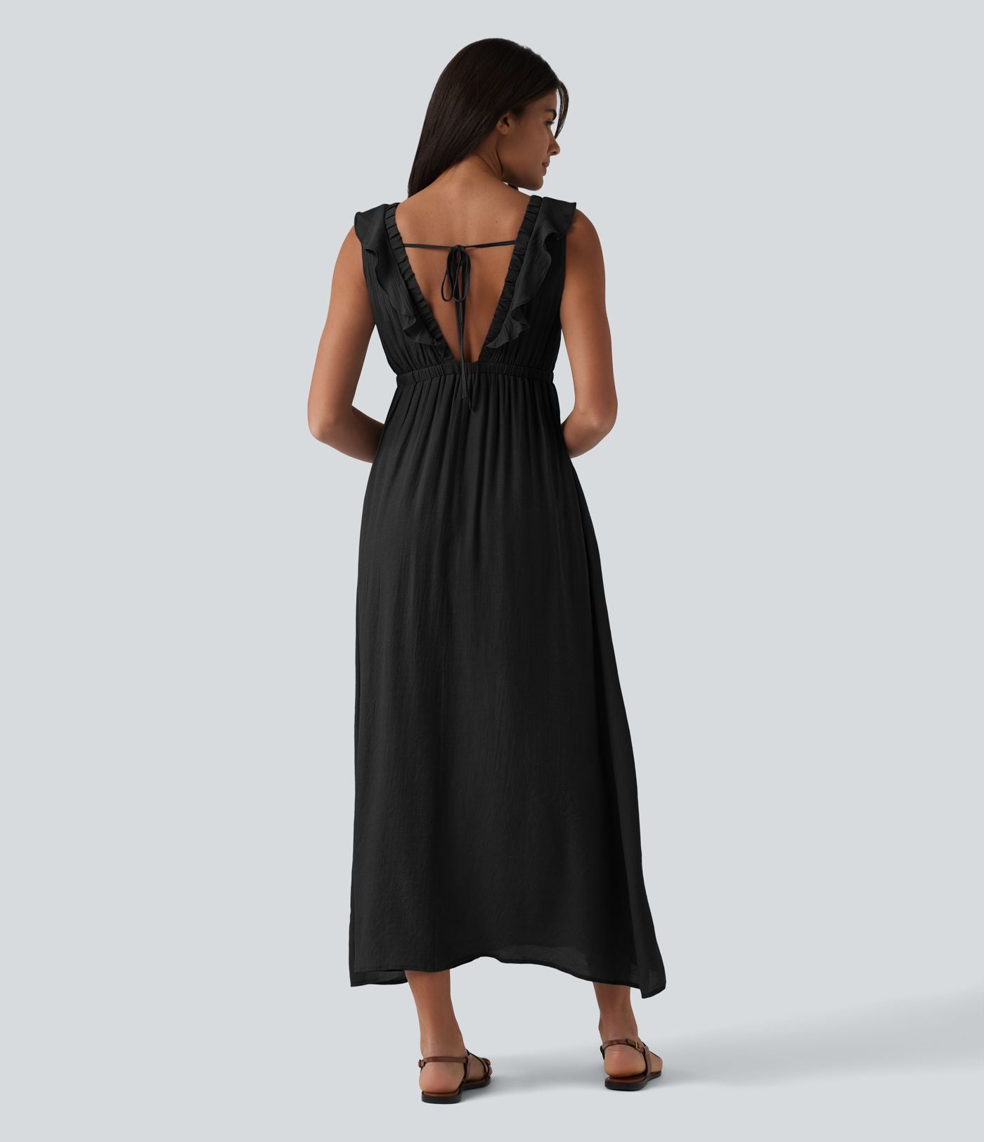 Robe fluide midi vacances col V sans manches dos nu à nouer volants avec poches