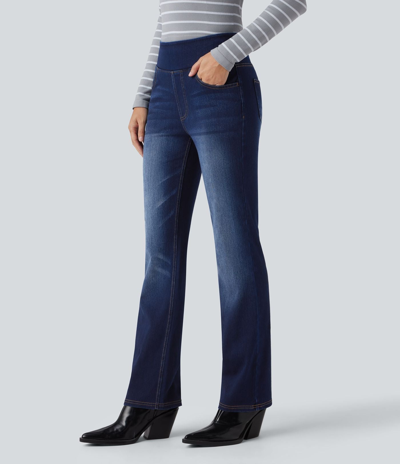 Halara Flex™ Jean bootcut décontracté extensible délavé taille haute à poches multiples